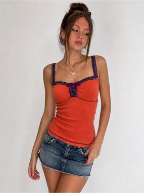 Vintage Free People Y2K Waffle Henley Tank Top Large Coral Embroidered Beachy